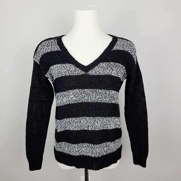 Black & White Stripe V-Neck Knit Sweater Medium - Large - Picture 2 of 16